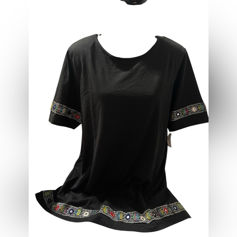 Vintage Delta Burke Black Tunic Top Colorful Embroidered Boho Trim Size L